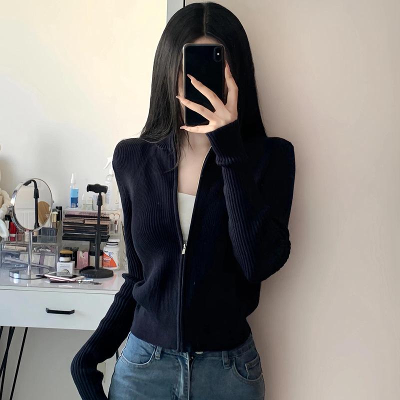 

Autumn Winter Stand Collar Vintage Zipper Cardigan Sweater Women Casual Fashion All-match Knitting Coat Top S темно-синий