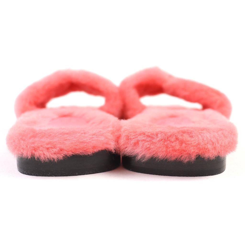Great HERMES Mule Oran H Logo Fur Sandals Pink Sheepskin Leather 37 231288Z Used