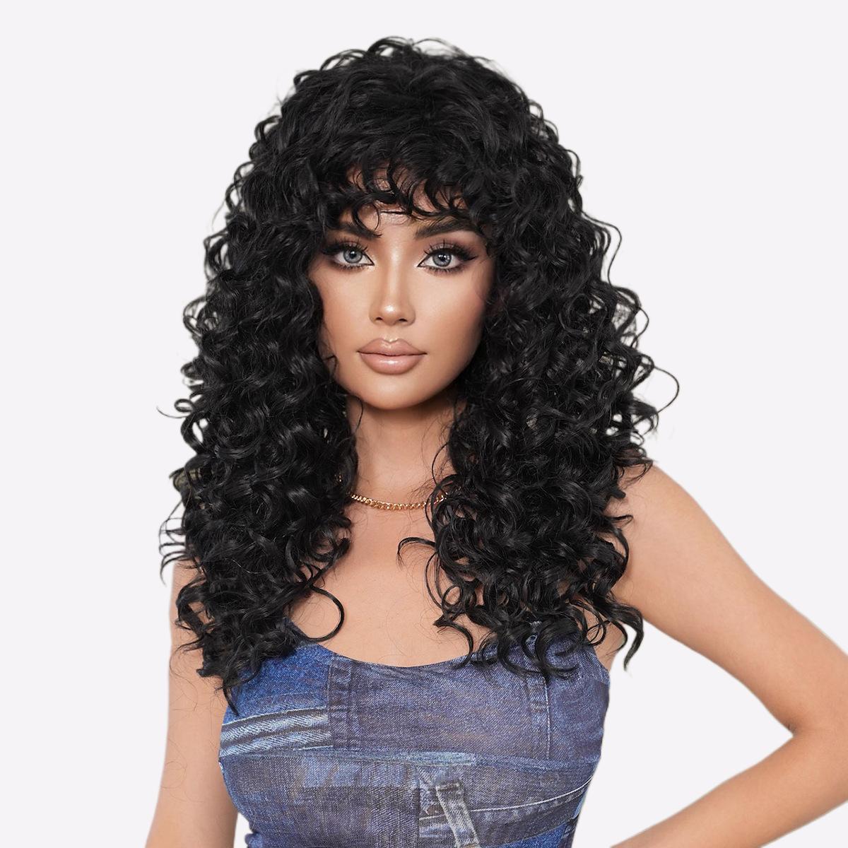 

TikTok Kinky Curly Wig с челкой - иссиня-черные афро-текстурированные синтетические волосы, термостойкие кудри 3C-4A, естественный вид, защитный стиль парика 60Cm чёрный