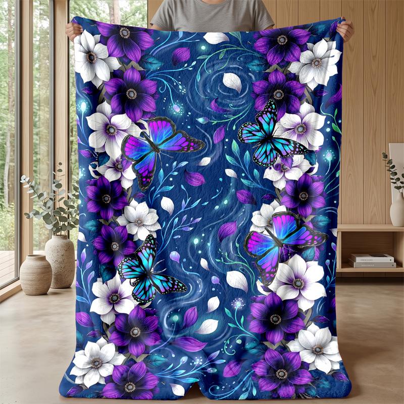 Butterfly and Flower Art Blanket Personalized Name Flannel Blanket Soft Cozy Plush Throw for Sofa Bed Lightweight Home Decor