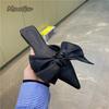 Oversize Bowtie Mule Shoes Women Pointed Toe Stripe Wave Slip-on Sandals Ladies Luxury Satin Silk Outdoor Flat Slippers