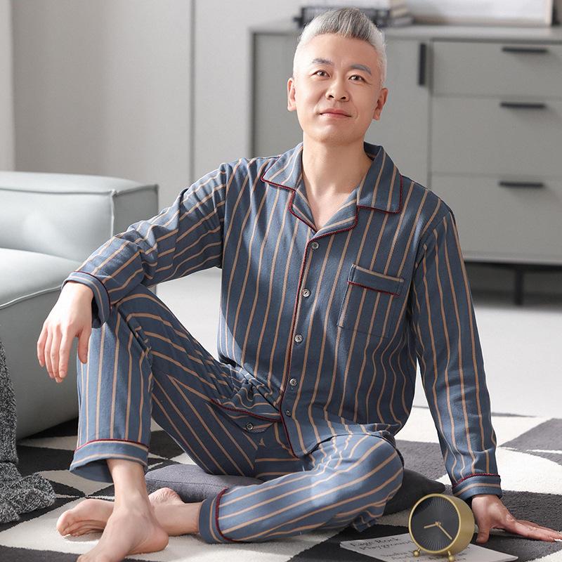 Men's pure cotton pajamas Dad's long-sleeved loungewear for the elderly Men's spring, autumn and winter red natal year suit