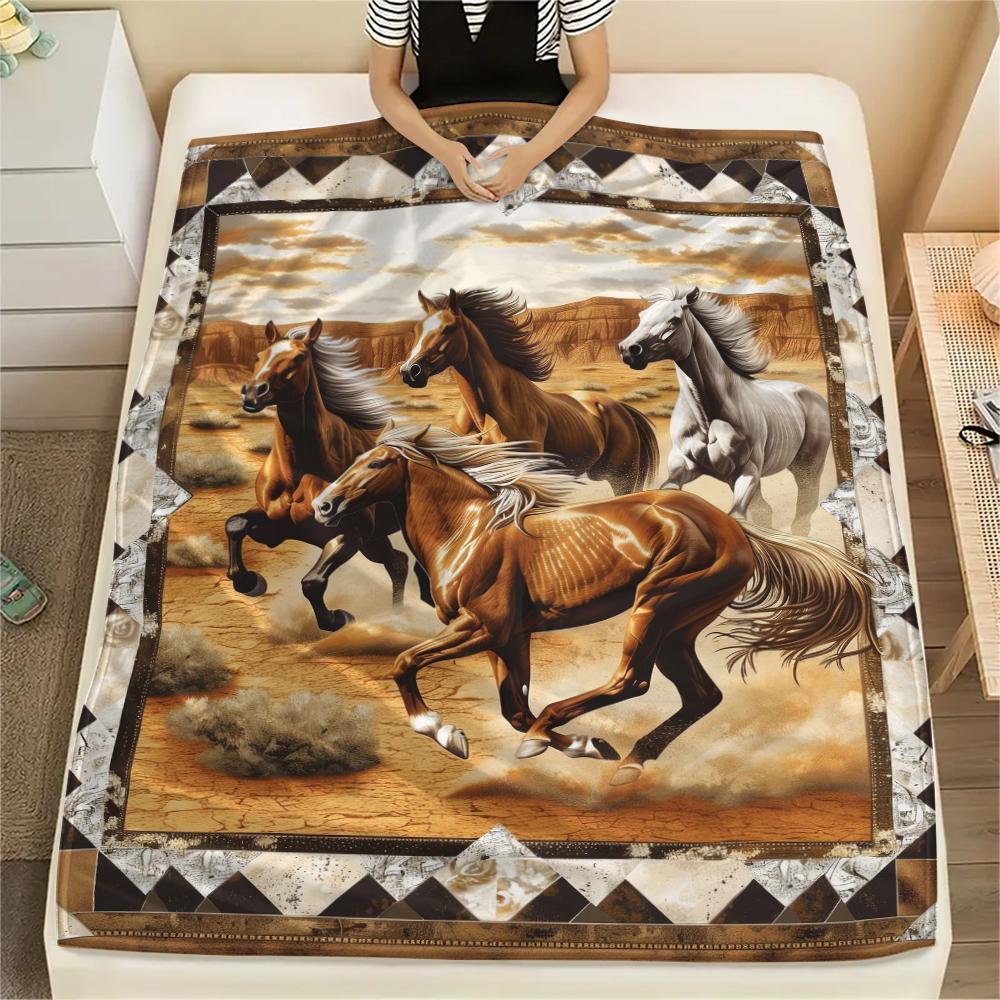 1Pc Horses Painting Print Flannel Blanket, High Quality Comfortable for All Seasons, Home Decor, Warmth and Comfort, Perfect for Christmas Gifts