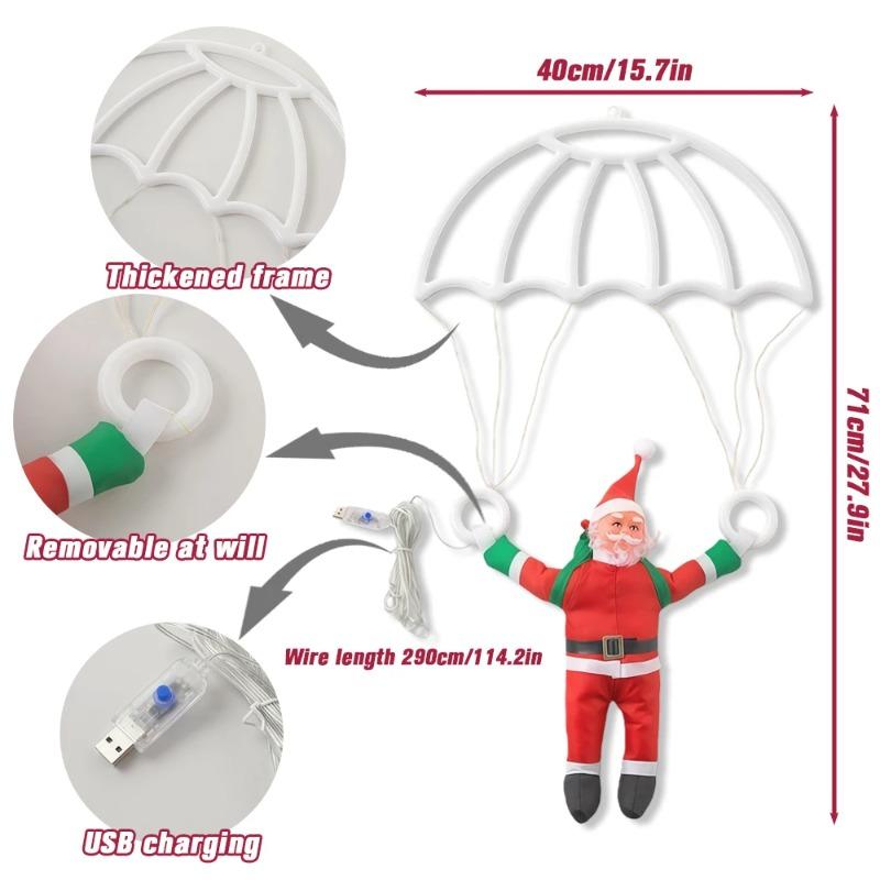 LED Christmas Parachute Light with Santa Claus Hanging Xmas Lamp for Outdoor Roof Balcony Porch Fence Tree Home Holiday Party Decor Ornaments