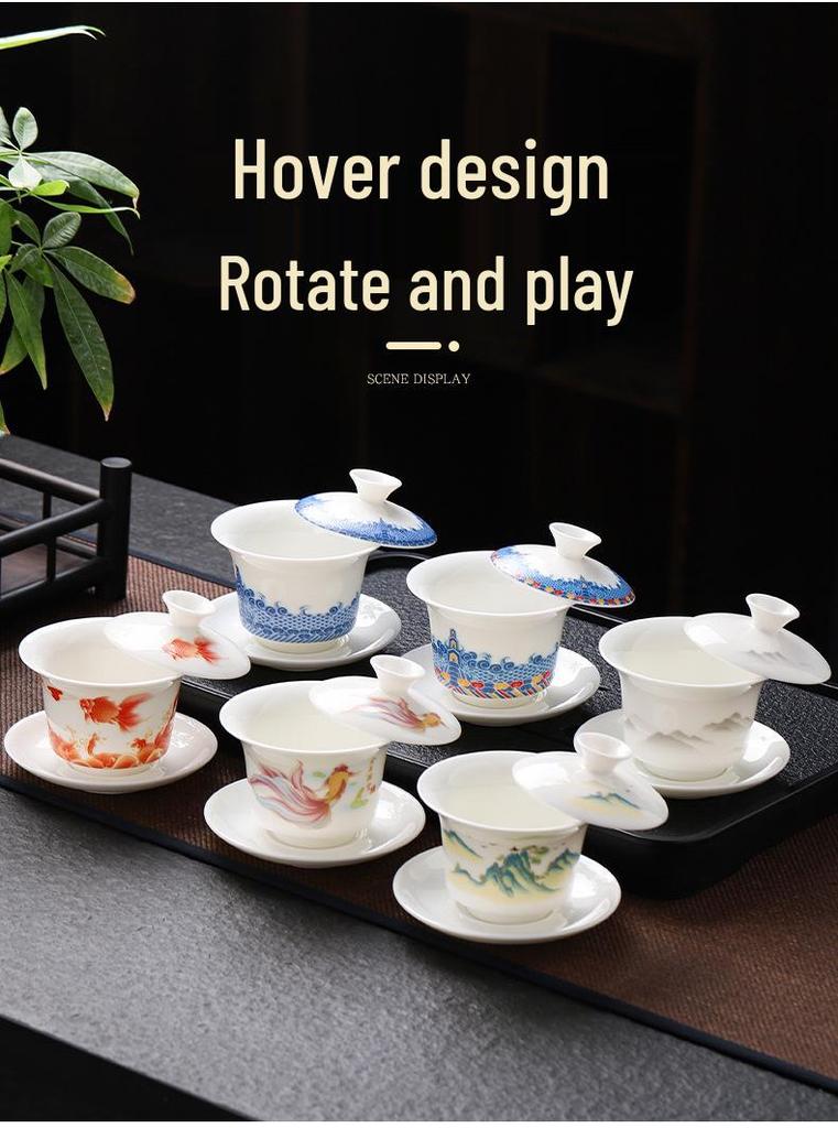 Sheep Fat Jade Porcelain Rotating Gaiwan High-End Ceramic Gongfu Tea Set