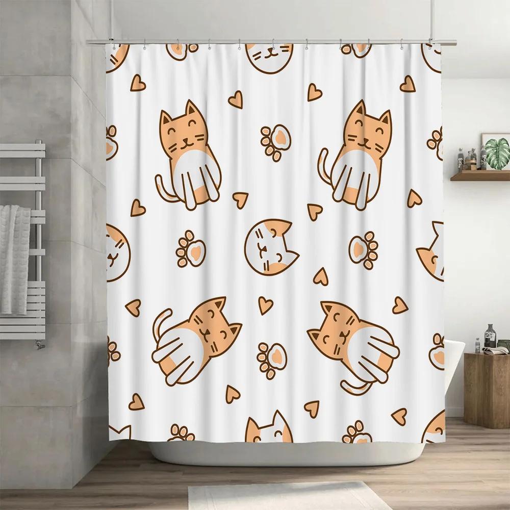 Whimsical Cat Shower Curtain for Home Decor Bathroom Waterproof Fabric Orange Kitty Pattern