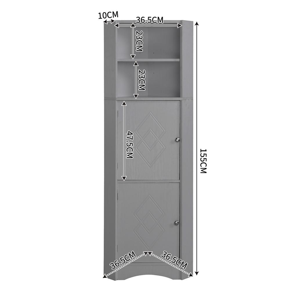Badezimmerschrank, Eckschrank mit zwei Staufächern, Offenes Fach mit verstellbarem Einlegeboden, 36,5 x 36,5 x 155 cm, Hellgrau
