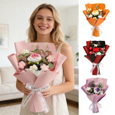 Crochet Flower Bouquet Handmade Completed Knitted Rose Puff Flowers for Valentine's Day Mother's Day