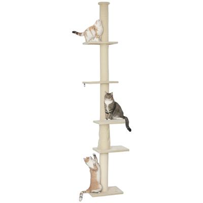Cat Tree, Adjustable Height 225-275 Cm, Stable Base, Anti-Tip Safety, Plush Cover, Cream White