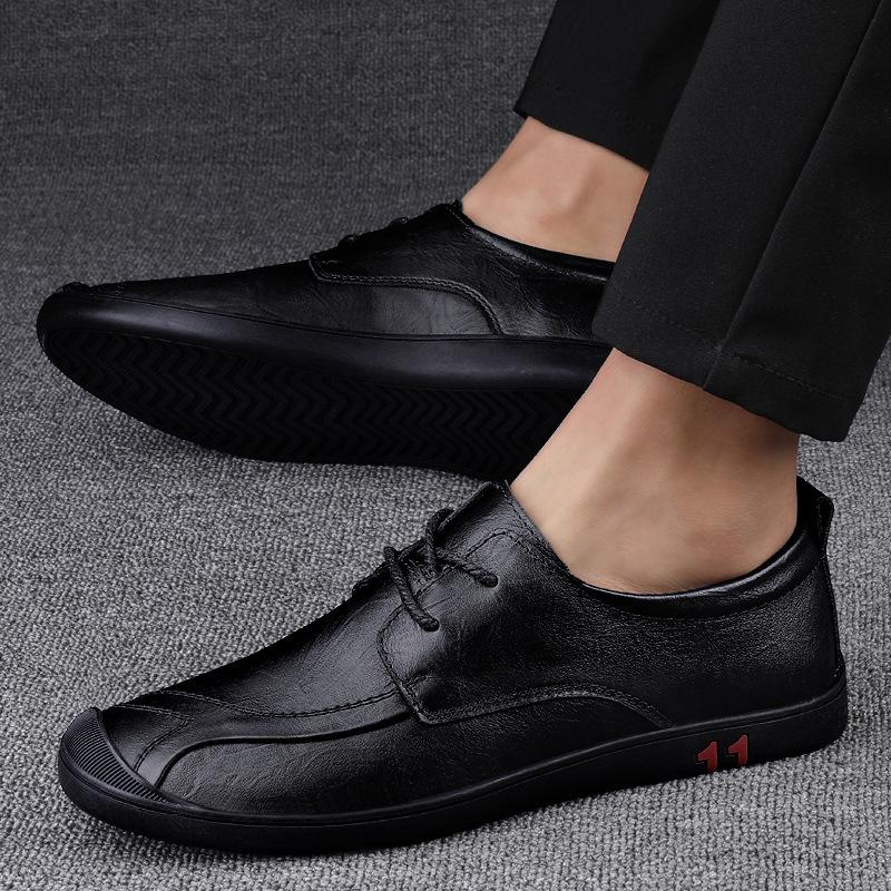 Men's round head first-layer cowhide business shoes front lace-up breathable flat-heeled single shoes men's cowhide splicing casual leather shoes