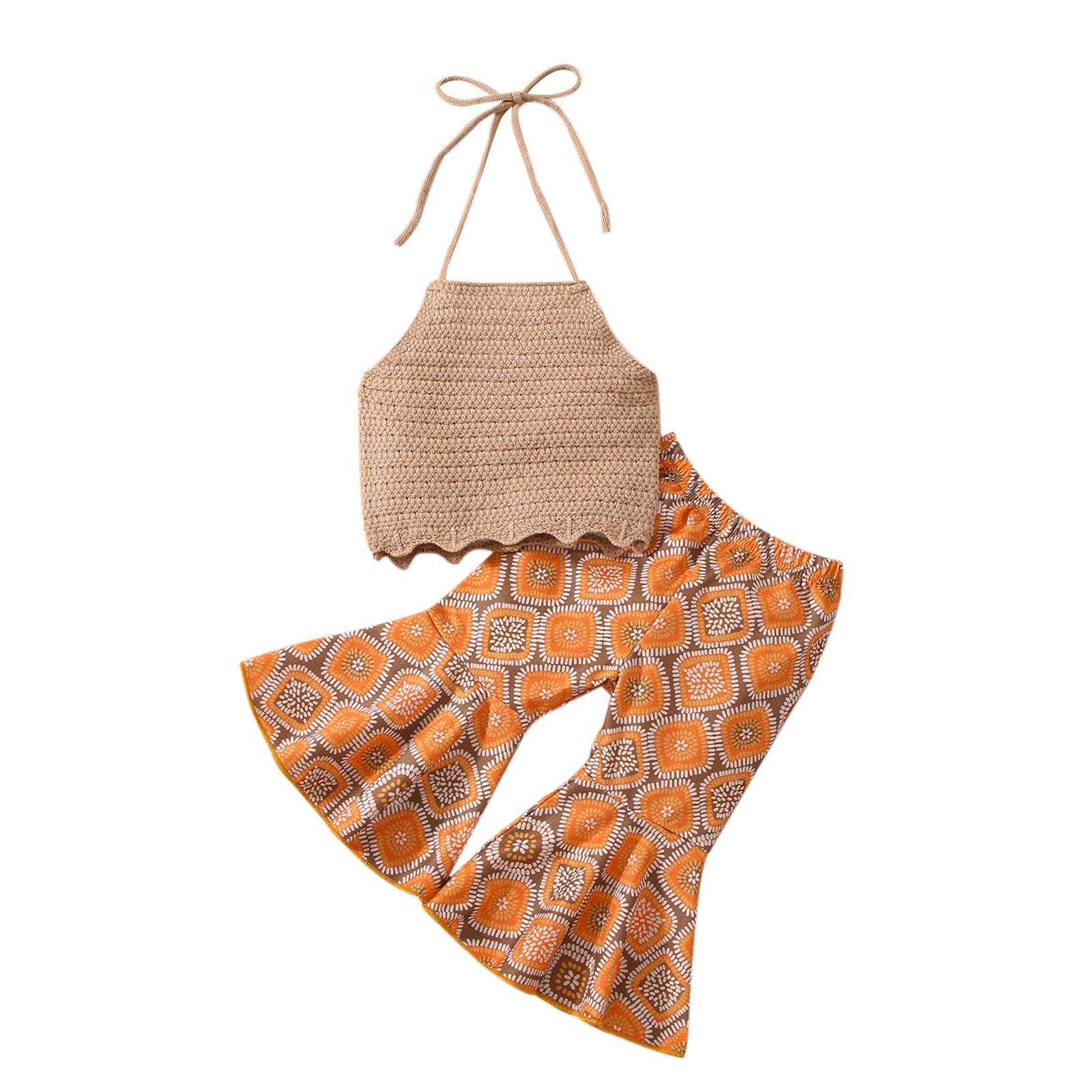 

Летние наряды для маленьких девочек, летние топы без рукавов с воротником-халтер и повседневные расклешенные брюки с геометрическим принтом, комплект 6-12 Months хаки