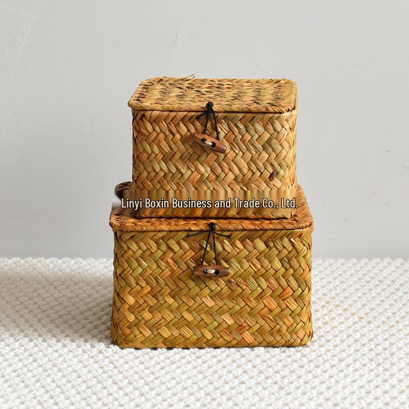 Handmade Straw Rattan Gift Basket with Lid – Woven Storage Box for Stationery & Souvenirs