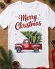 Vintage Rode Vrachtwagen Kerstshirt, Unisex Vrolijk Kerstboom T-shirt, Boerderijstijl