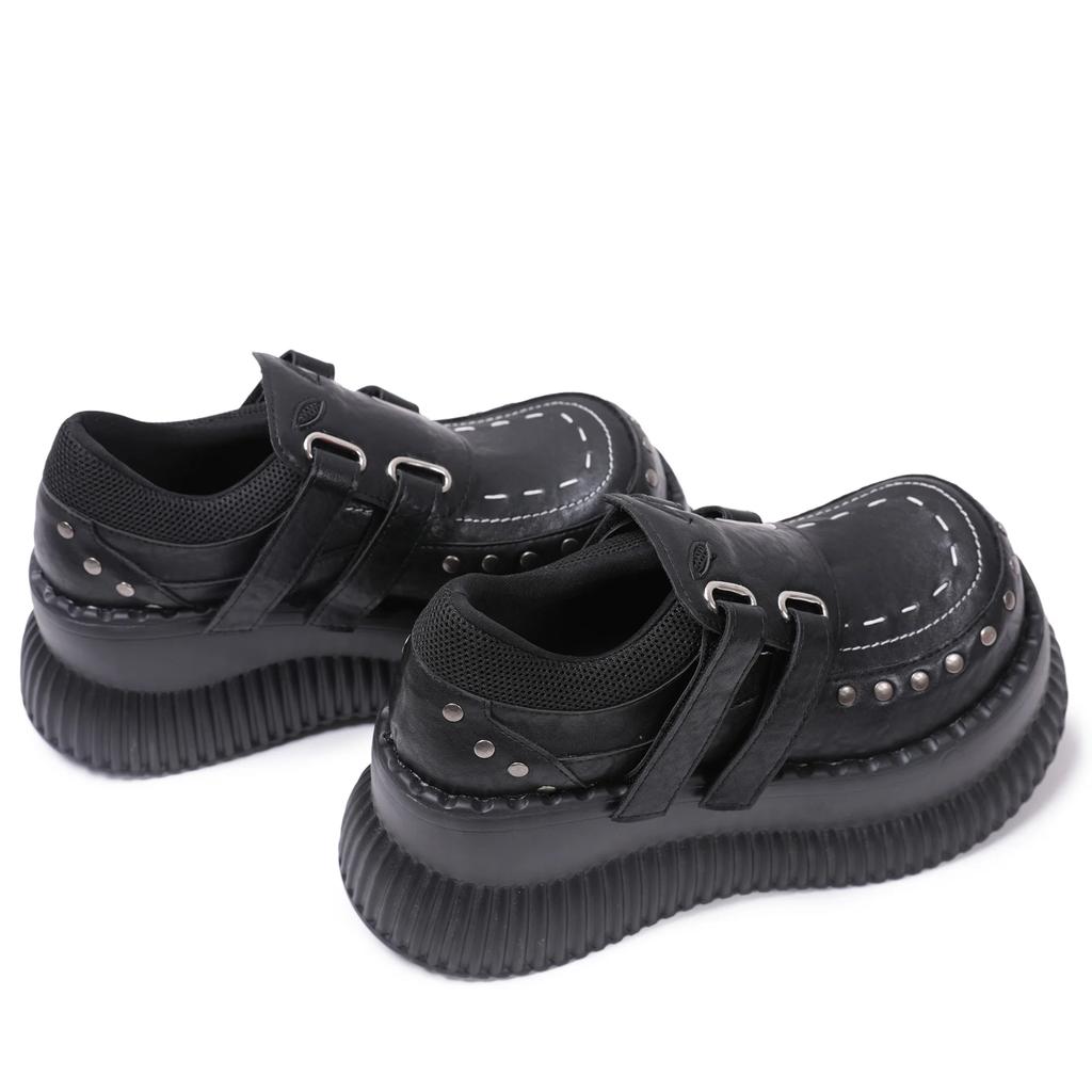 Fashion Metal Decoration Chain Round Toe Thick Sole Platform Chunky Heels Women Pumps Hook Loop Fashion Punk Gothic Western Street Shoes