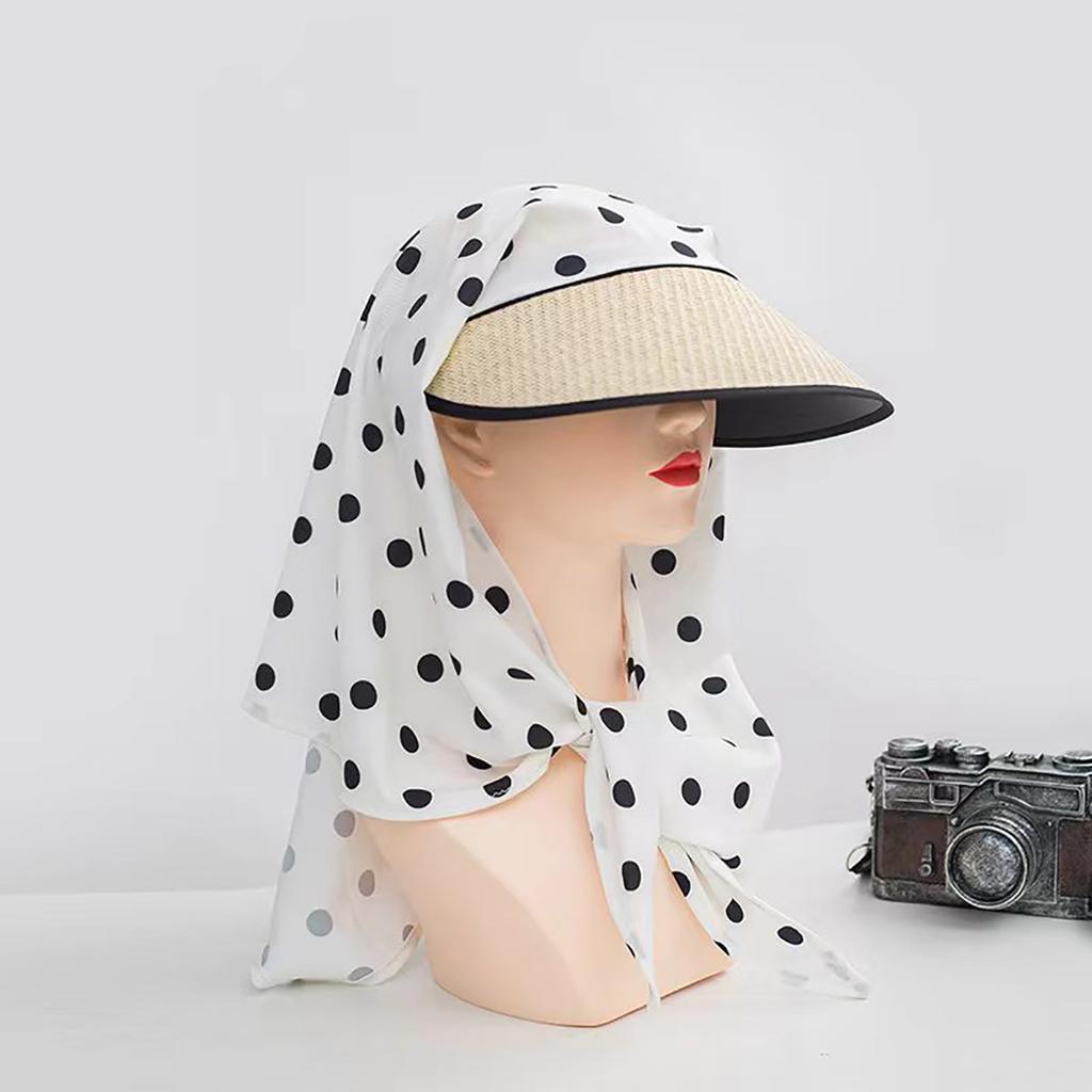 Vintage Women Sun Hat with Headscarf Summer Large Brim Full Face Cover Sunscreen Straw Cap Female Outdoor UV Protection Hat