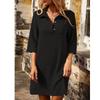 QICED Fashion Summer Spring Solid Color Print  Long Sleeve POLO Neck Casual Dresses