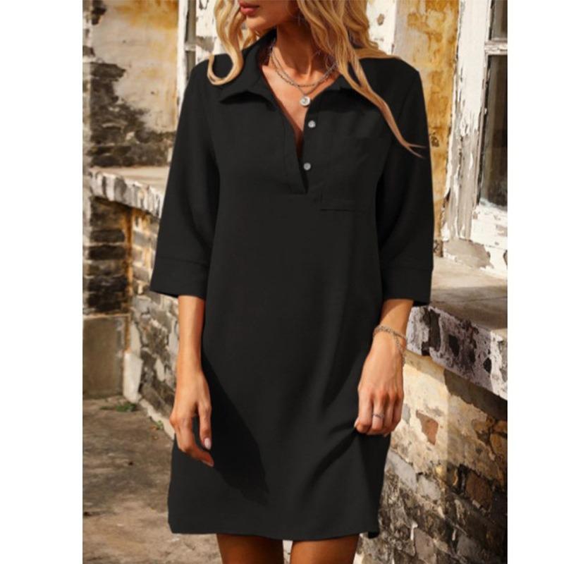 BITCED Fashion Summer Spring Solid Color Print  Long Sleeve POLO Neck Casual Dresses S