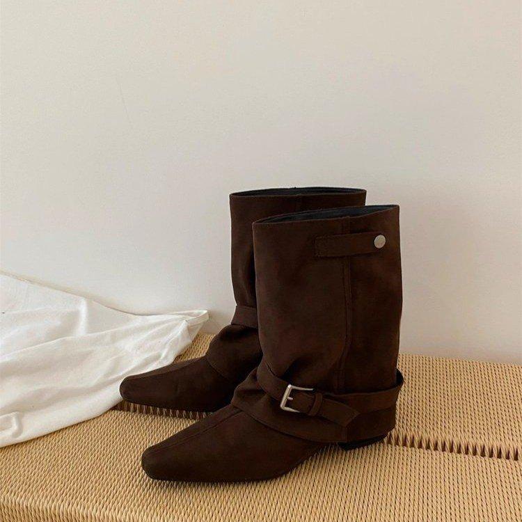 Vintage Suede Khaki Short Boots Women's Boots Boots Niche Design Western Pile Boots Knight Boots