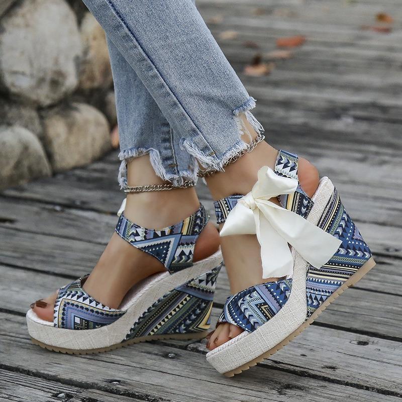 Wedge heel platform sandals women's spring and summer new fish mouth open-toed bow colorful sandals