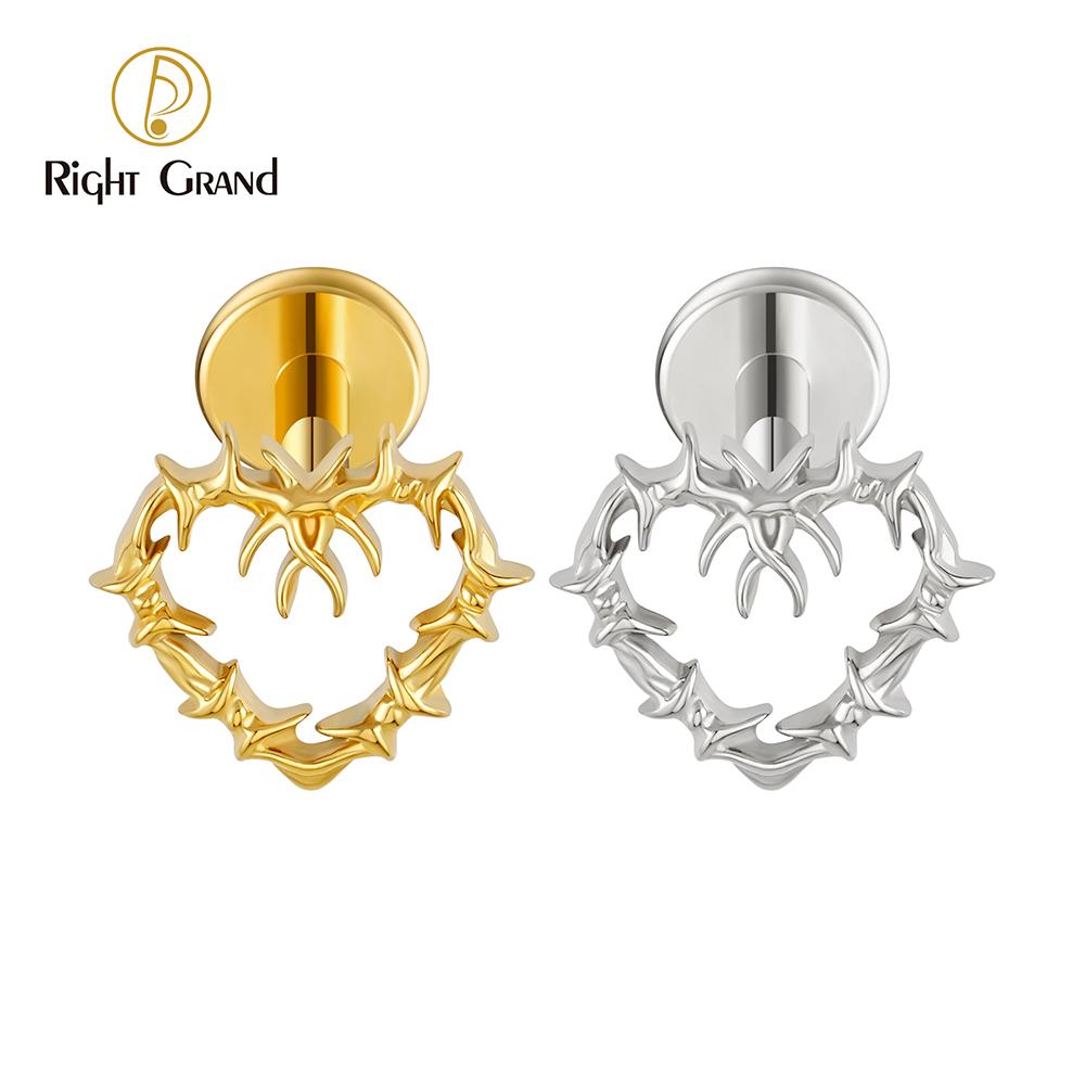 Right Grand ASTM F136 Titanium 16G Tiny Hollow Heart Flat Back Stud Gothic Cartilage Tragus Helix Stud Earring Labret Piercing