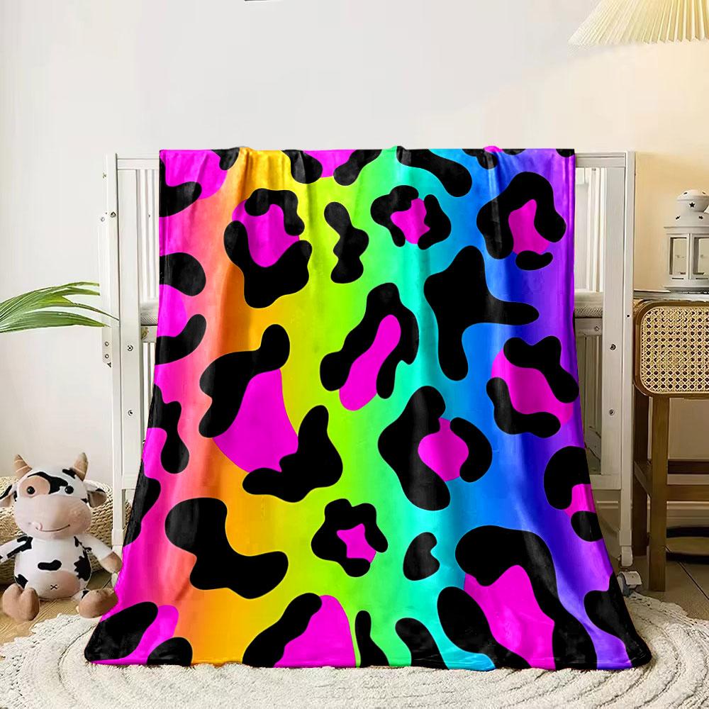 Leopard-like Spots with Black Shapes On a Vibrant Rainbow Gradient Background. for All Seasons Blanket Lunch Break Throw Gift