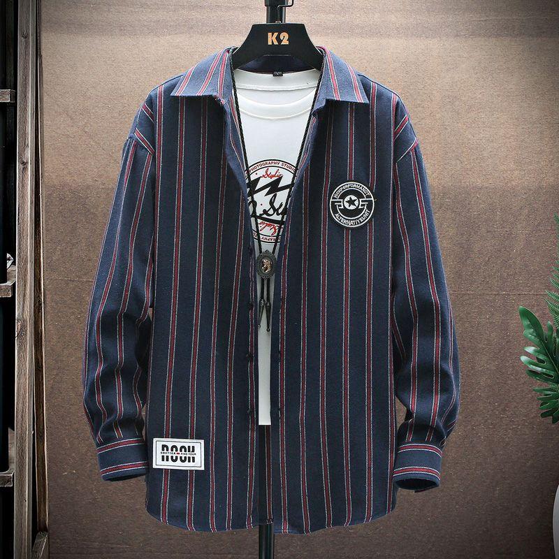 

Мужская винтажная рубашка на пуговицах с лацканами и аппликациями в полоску, уличная одежда, повседневные топы с длинным рукавом свободного кроя 5XL красный