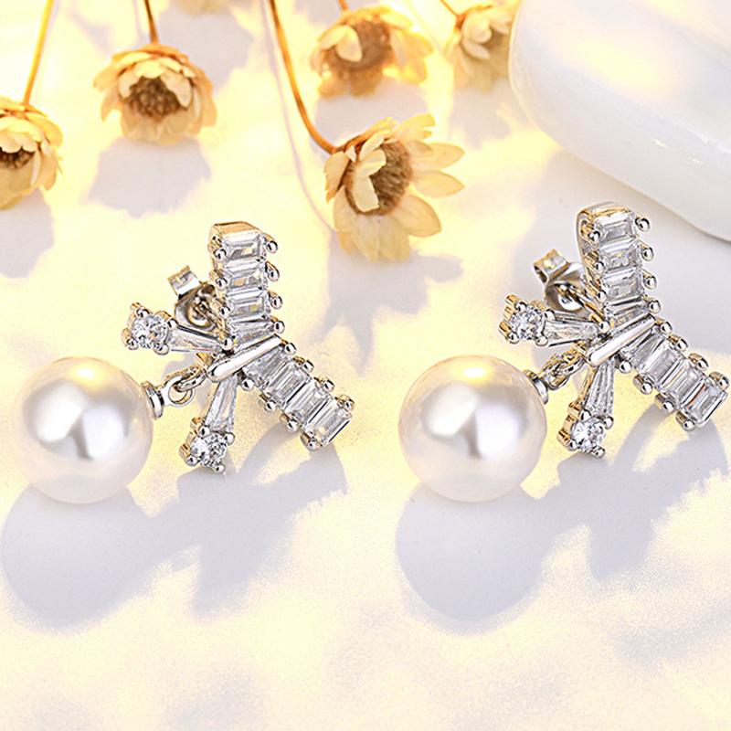 Luxury 14K Real Gold Plated Bow Stud Earrings for Women Delicate Micro Inlaid Cz Wedding Pearls Pendant Sterling Silver