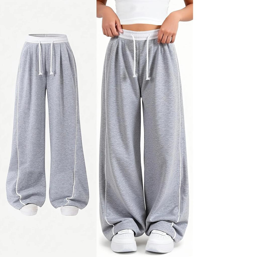 Kids Girls Contrast Line Drawstring Waist Baggy Wide Leg Heather Gray Casual Sport Sweatpants