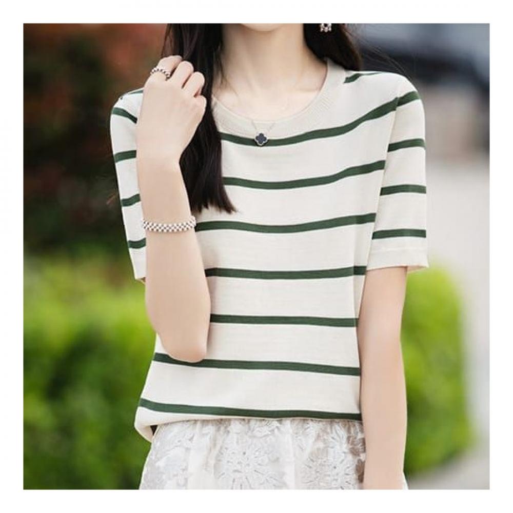 Navava Casual Stripe Round Neck Short Sleeve Knit Nk2147