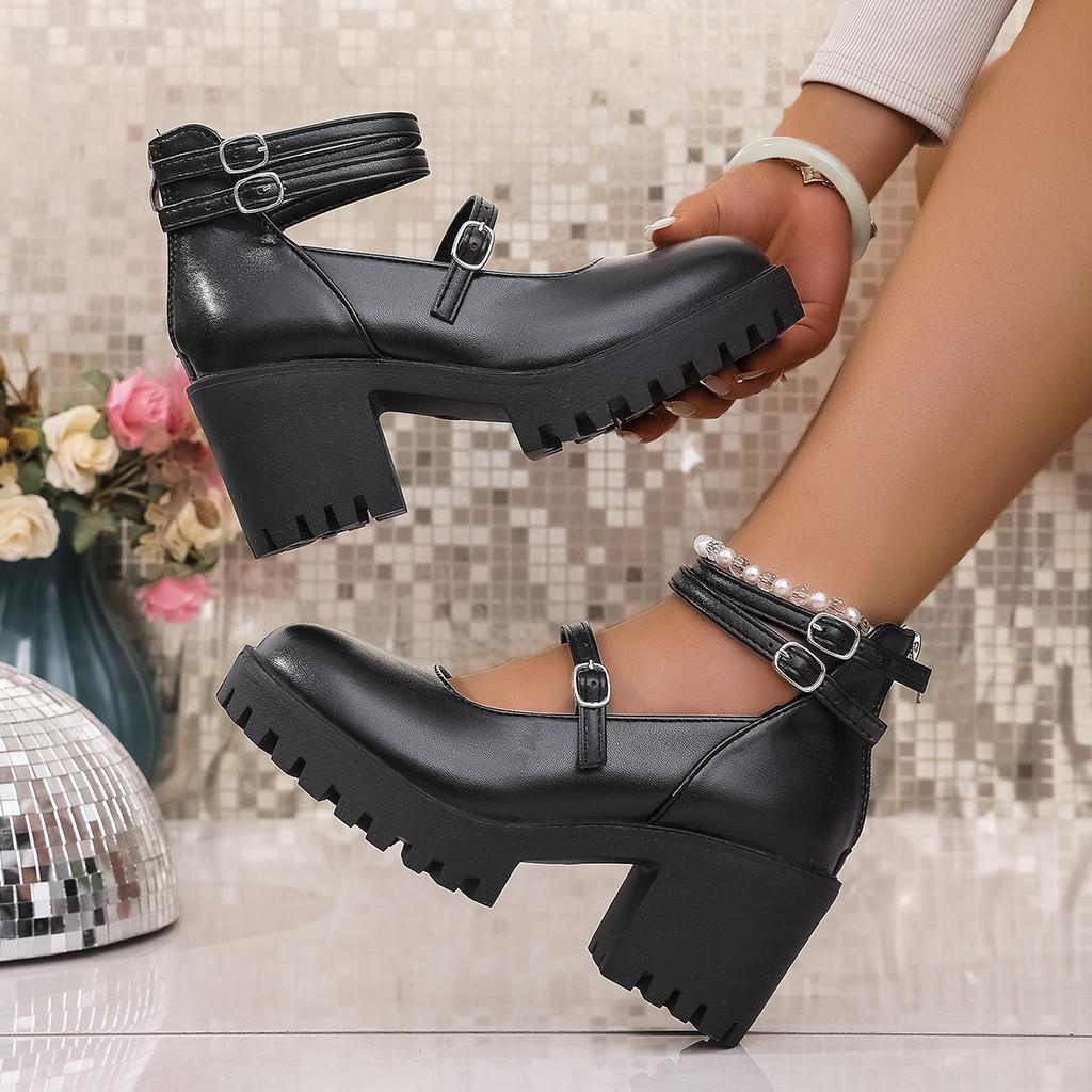 Fashion Women Pumps 2025 New Plus Size Lolita Shoes Woman Ankle Strap High Heels Double Buckle Chunky Platform Mary Janes Shoes Woman