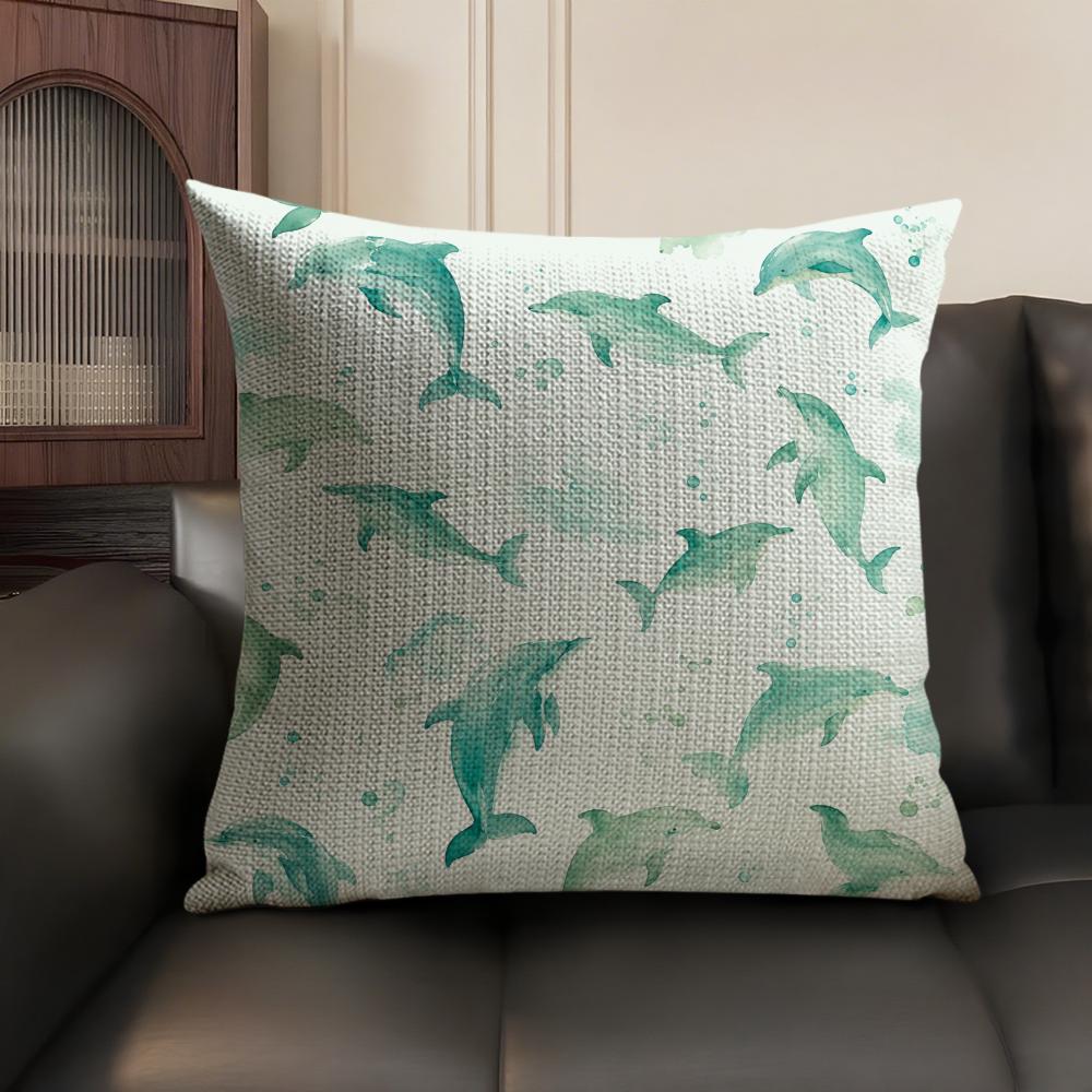 Whale Print Cushion Cover Breathable Linen Organic Fabric DoubleSided Printing Sofa Pillow Case Home Decor
