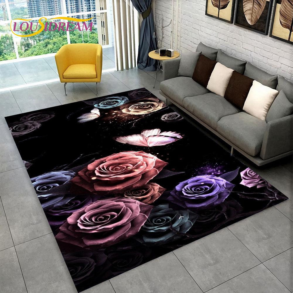 3D Nordisk Luksus Blomst Rose Områdeteppe Stort, Teppeteppe for Hjem Stue Soverom Sofa Dørmatte Dekor, Sklisikre Gulvmatter for Barn