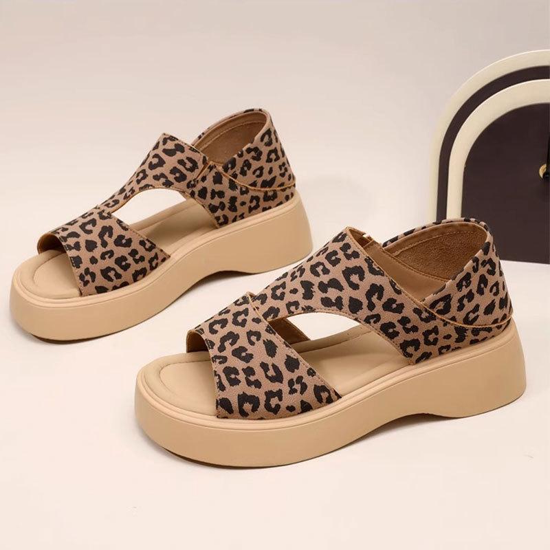 Two-wear sandals women's 2025 new summer mid-heel thick-soled leopard print non-slip soft-soled bag and Roman shoes with skirt