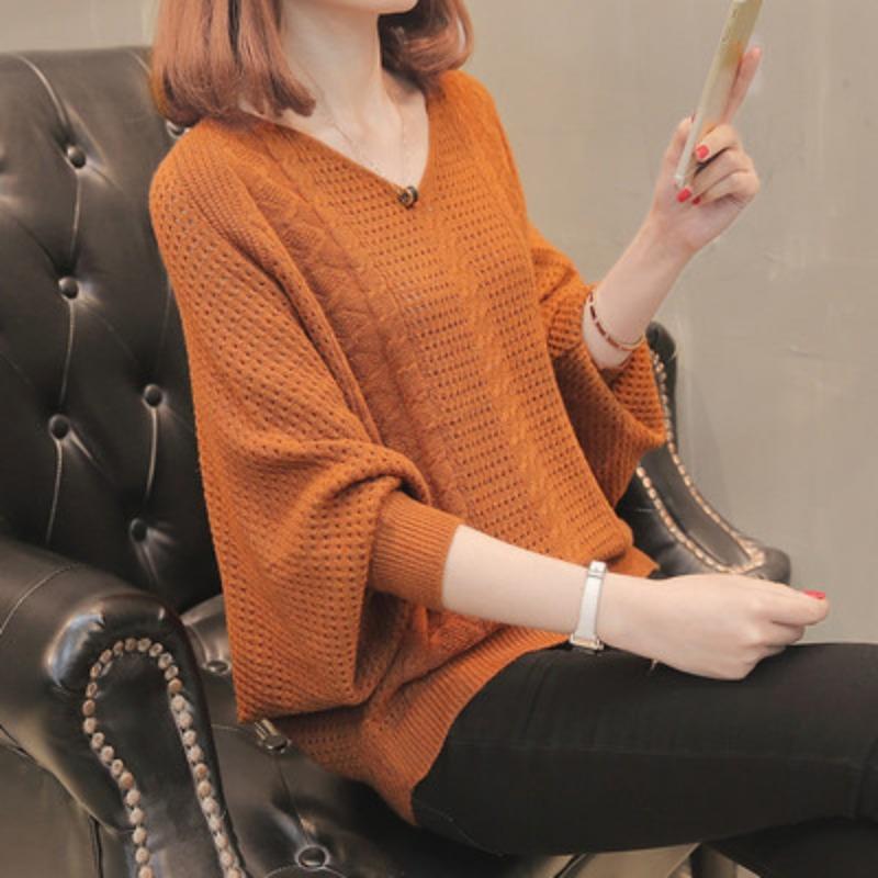 Frühling Herbst Koreanische Damen Spitze Fledermausärmel Oberteil Einfarbig Loch Rundhals Strick Lockerer Pullover