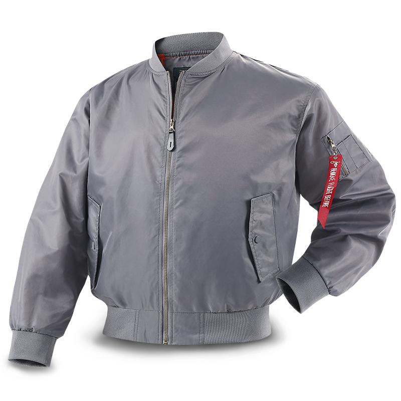 Men's Gray Classic MA1 Bomber Jacket Stand Collar Full Zip Flight Windbreaker Coat