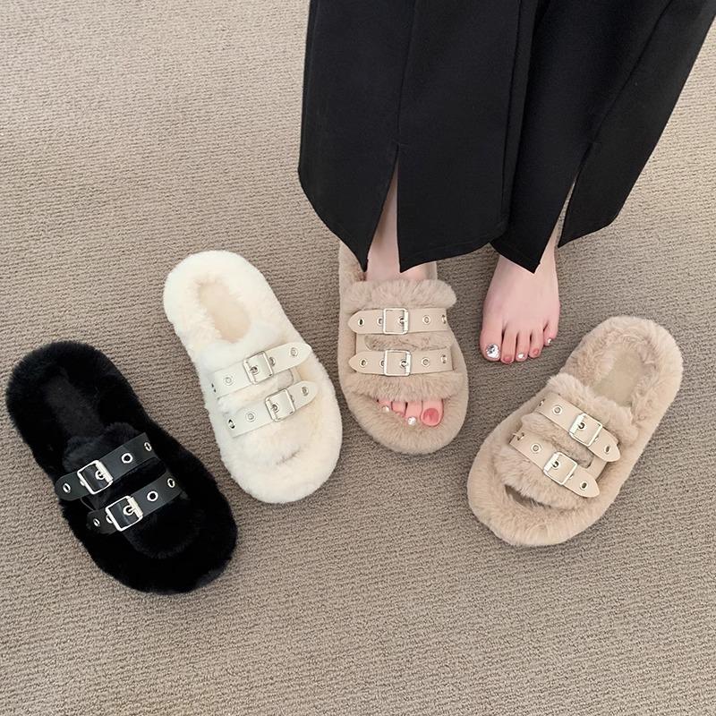 Thick-bottomed fluffy slippers for women's outer wear 2025 new autumn and winter cotton tows Internet celebrity fashion fluffy slippers spring and su