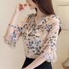 Floral Print Elegant V-Neck Chiffon Blouses Folds Short Sleeve Pullovers Shirt Summer Casual Women's Clothes