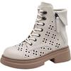 Damen Frühling Sommer Neue Blockabsatz Knöchel Coole Stiefel Leder Ausgeschnitten Dicke Sohle Rutschfest Runde Spitze Kleine Größe Höhlenstiefel