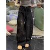 American Retro Rhinestone Jeans for Women Loose Fit Middle Waist Distressed Denim Pants with Flared Leg