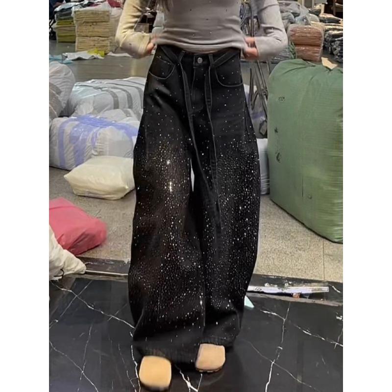 American Retro Rhinestone Jeans for Women Loose Fit Middle Waist Distressed Denim Pants with Flared Leg