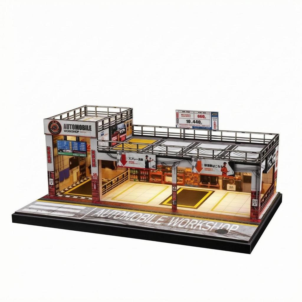 Miniature Parking Workshop 1:64 Scale DoubleLayer Model Rooftop Railings Garage Building