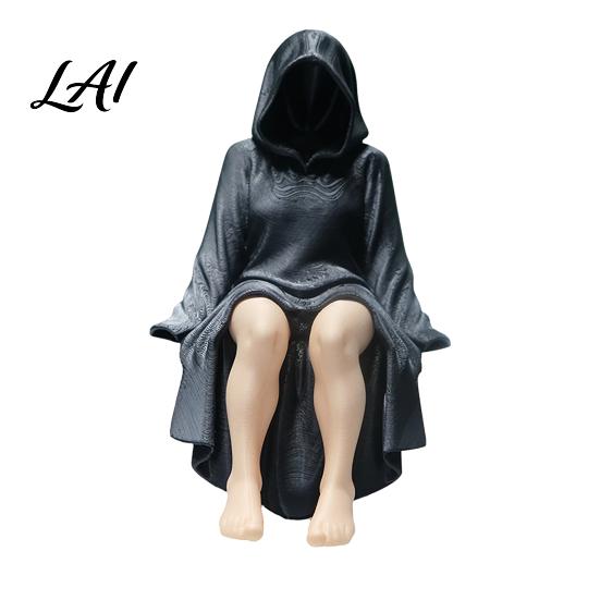 3D Printed Woman Statue Black Robe Women Figurine Sitting Hooded Female Shelf Office Desk Decoration Sitter Gothic for Home Bookshelf Decorative