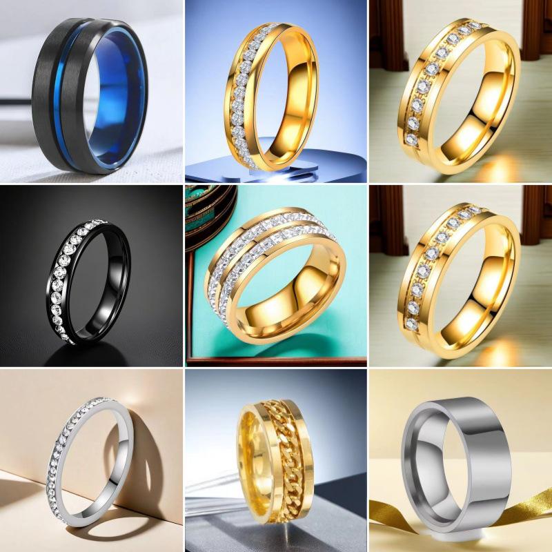 Stainless Steel Ring with Star-Inlaid Diamonds, Fade-Resistant, Titanium Finish