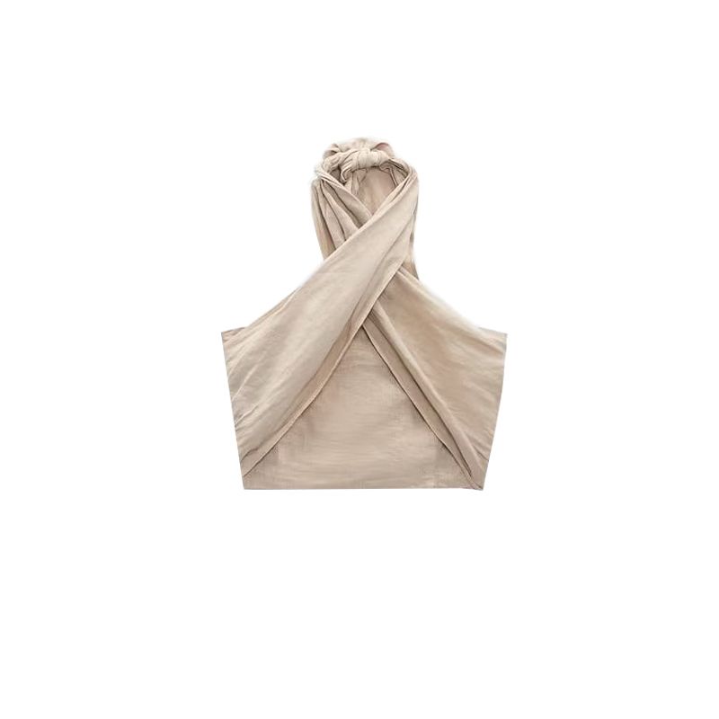 Spring New Arrival Casual Two-Piece Suit Hanging Collar Linen Tops 4043249 Linen Wide Leg Pants 4043243