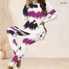 Women Plus Size Printed Two Piece Set Round Neck Long Sleeve Side Slit Long Top Fitted Pants