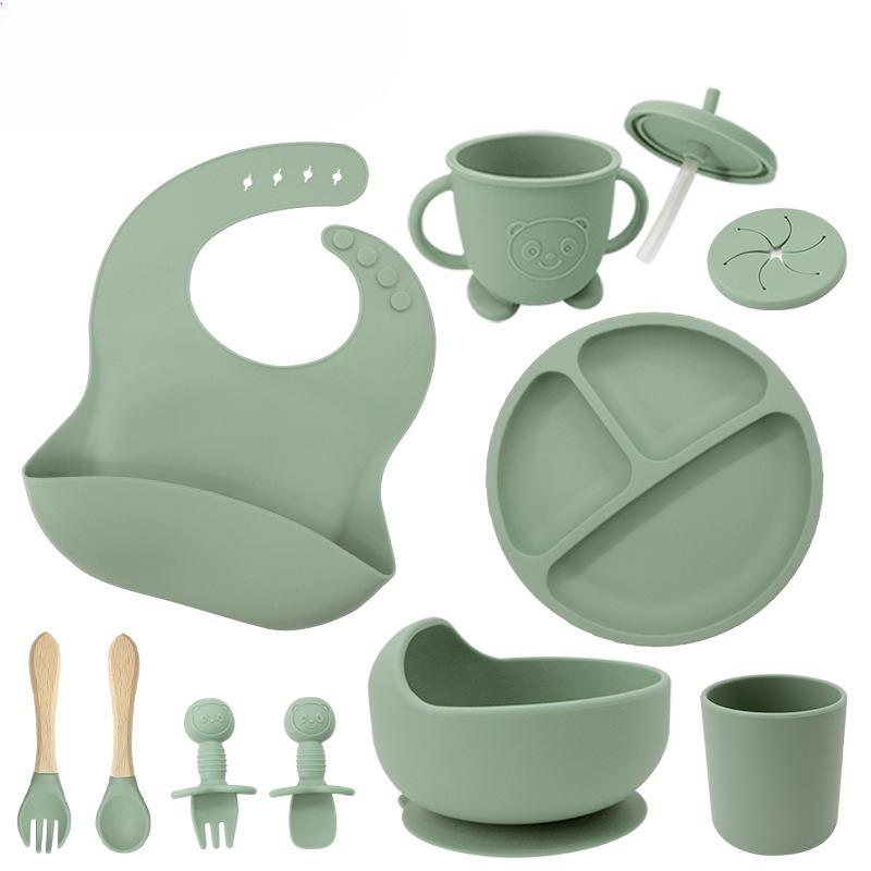 Children's silicone feeding tableware set, with suction cups on the bottom, 10 pieces