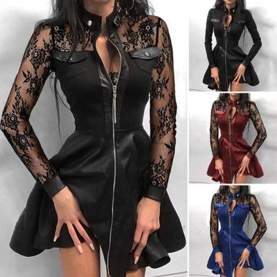 Club Dress See-through Lace Flower Embroidery A-line Big Hem Slim Fit Stand Collar Above Knee Long Sleeves Loose Hem Mini Dress for Dating