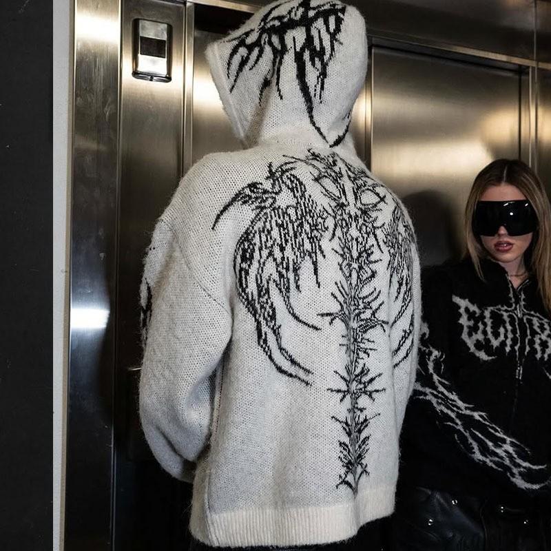 Vintage Streetwear Hooded Sweater Letter Crochet Gothic Style Unisex Loose Fit