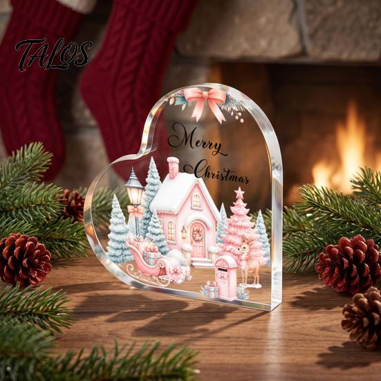 Romantic Christmas Gifts Heart Shaped Acrylic Tabletop Sign, 2D Winter Snow Scene Desktop Ornament Holiday Centerpieces with Santa, Snowman
