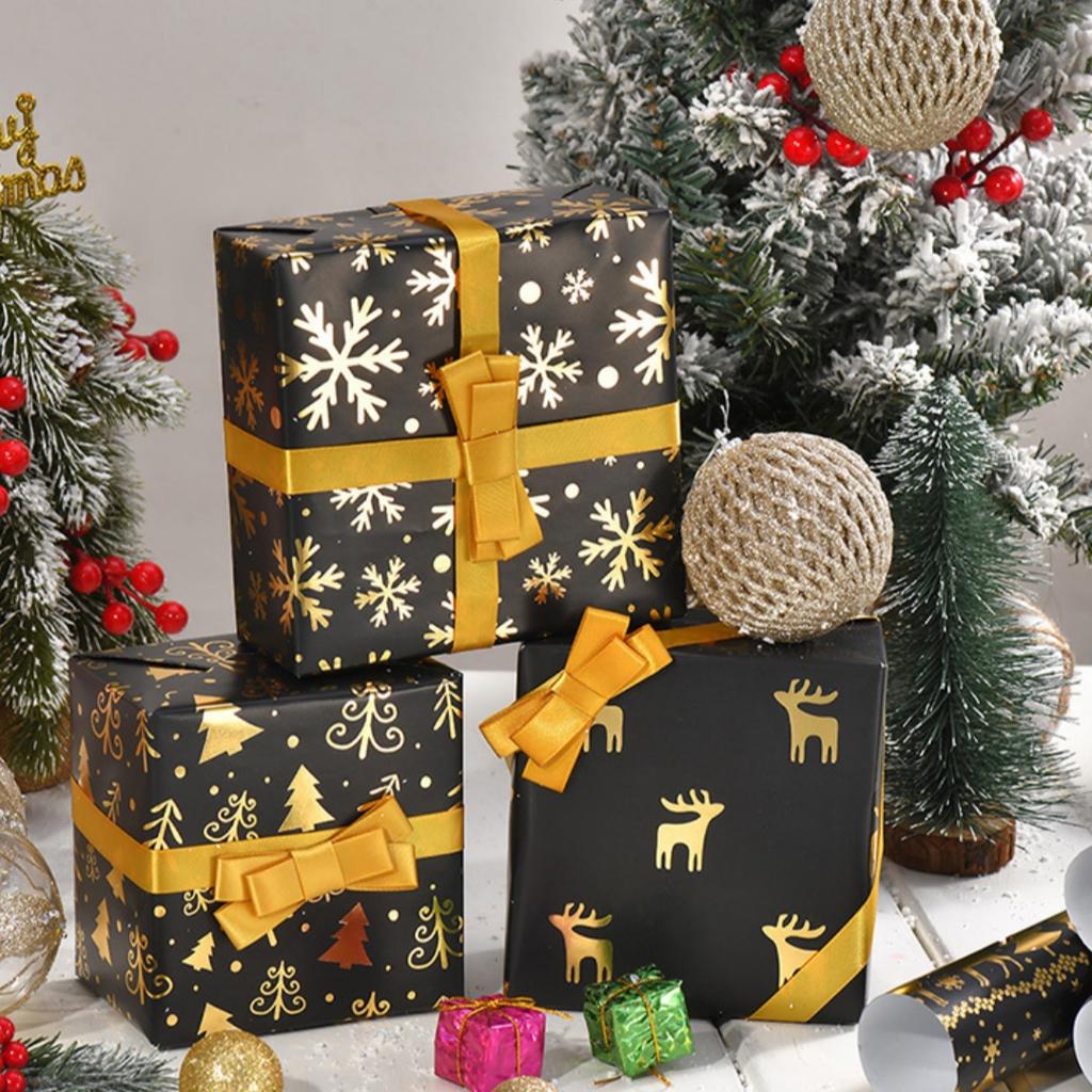 Rentierbedrucktes Geschenkpapier Heißfolien-Geschenkpapier Schwarz-Gold-Geschenkpapier Klassischer Glamour für Weihnachten
